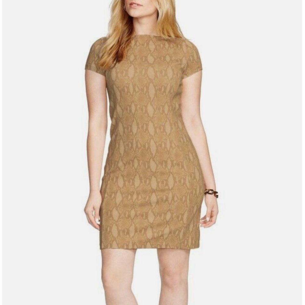 Lauren Ralph Lauren Ponte Knit Snakeskin Print Sheath Dress Large Beige